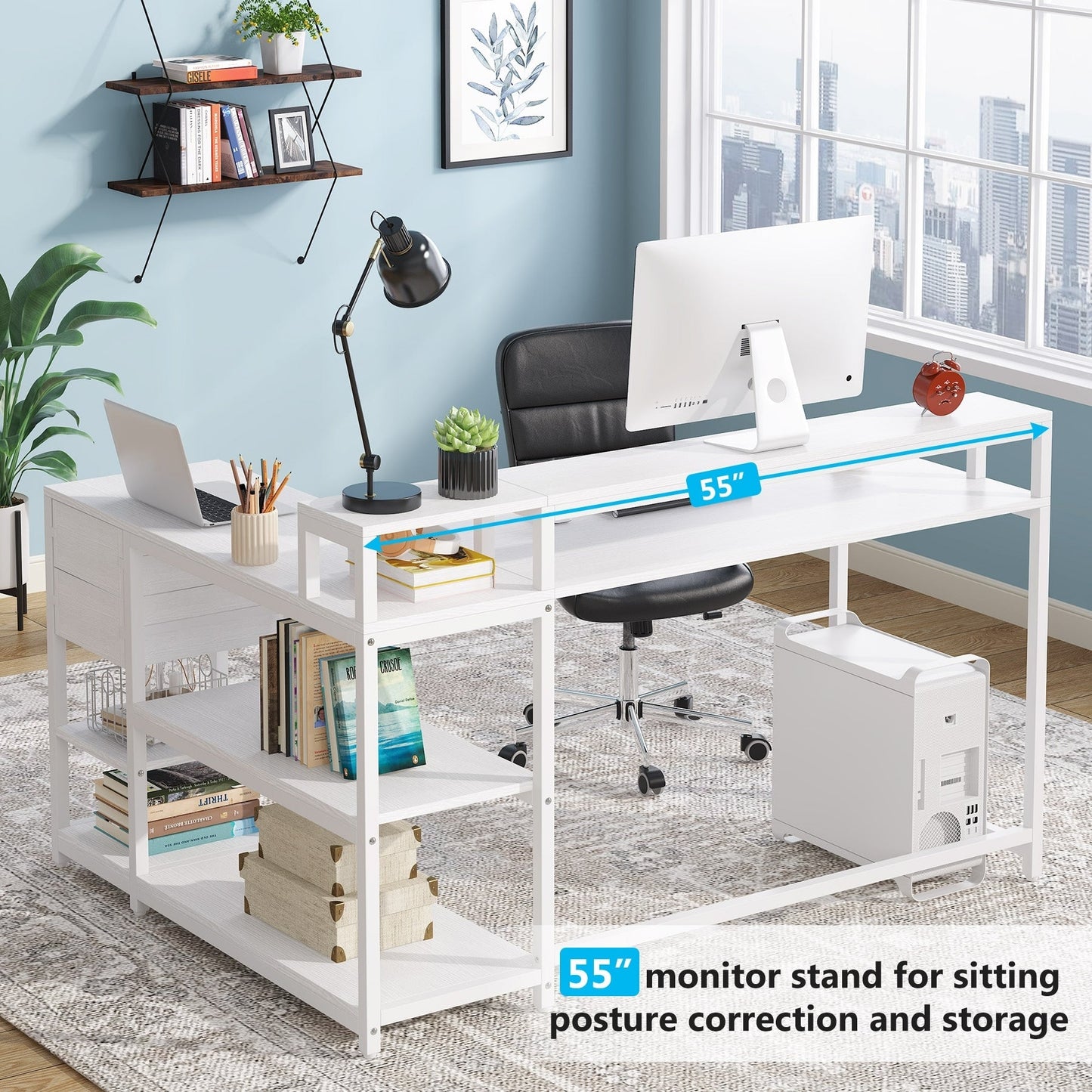 Bureau en forme de L avec tiroir, bureau d'angle pour la maison avec étagères de rangement et support pour écran, bureau d'ordinateur rustique pour petit espace.