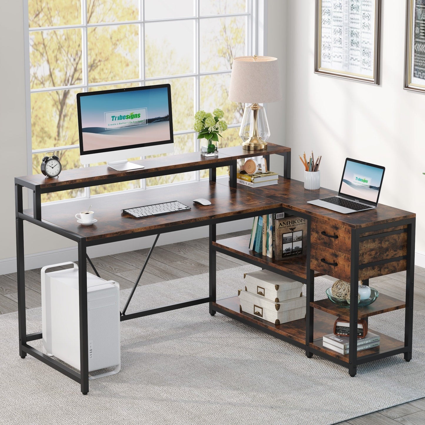 Bureau en forme de L avec tiroir, bureau d'angle pour la maison avec étagères de rangement et support pour écran, bureau d'ordinateur rustique pour petit espace.