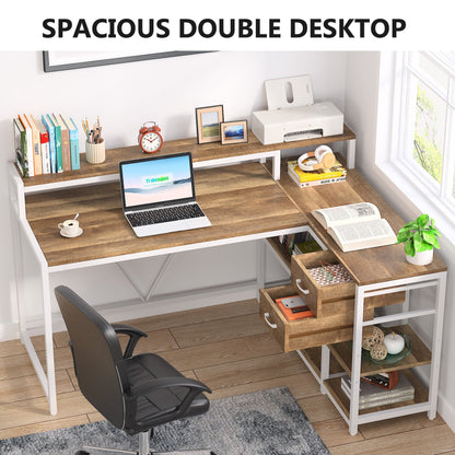 Bureau en forme de L avec tiroir, bureau d'angle pour la maison avec étagères de rangement et support pour écran, bureau d'ordinateur rustique pour petit espace.