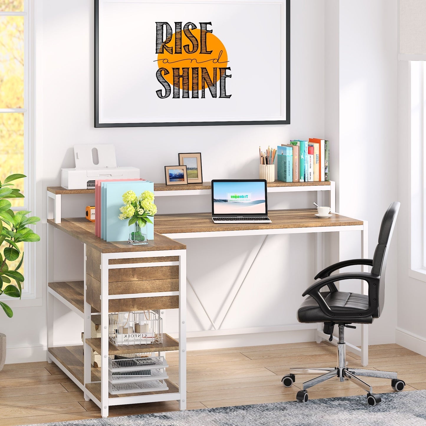 Bureau en forme de L avec tiroir, bureau d'angle pour la maison avec étagères de rangement et support pour écran, bureau d'ordinateur rustique pour petit espace.