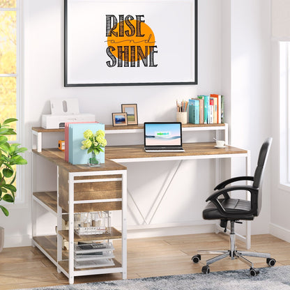 Bureau en forme de L avec tiroir, bureau d'angle pour la maison avec étagères de rangement et support pour écran, bureau d'ordinateur rustique pour petit espace.