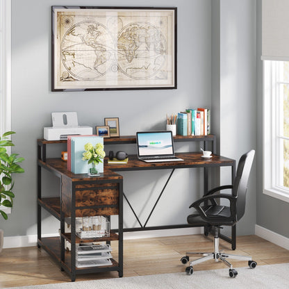 Bureau en forme de L avec tiroir, bureau d'angle pour la maison avec étagères de rangement et support pour écran, bureau d'ordinateur rustique pour petit espace.