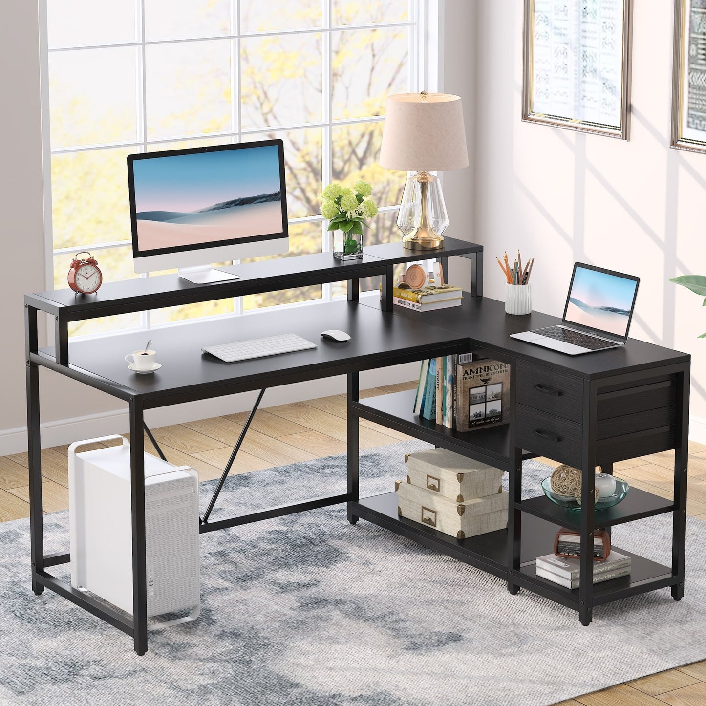 Bureau en forme de L avec tiroir, bureau d'angle pour la maison avec étagères de rangement et support pour écran, bureau d'ordinateur rustique pour petit espace.