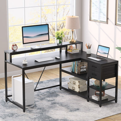 Bureau en forme de L avec tiroir, bureau d'angle pour la maison avec étagères de rangement et support pour écran, bureau d'ordinateur rustique pour petit espace.
