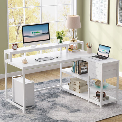 Bureau en forme de L avec tiroir, bureau d'angle pour la maison avec étagères de rangement et support pour écran, bureau d'ordinateur rustique pour petit espace.