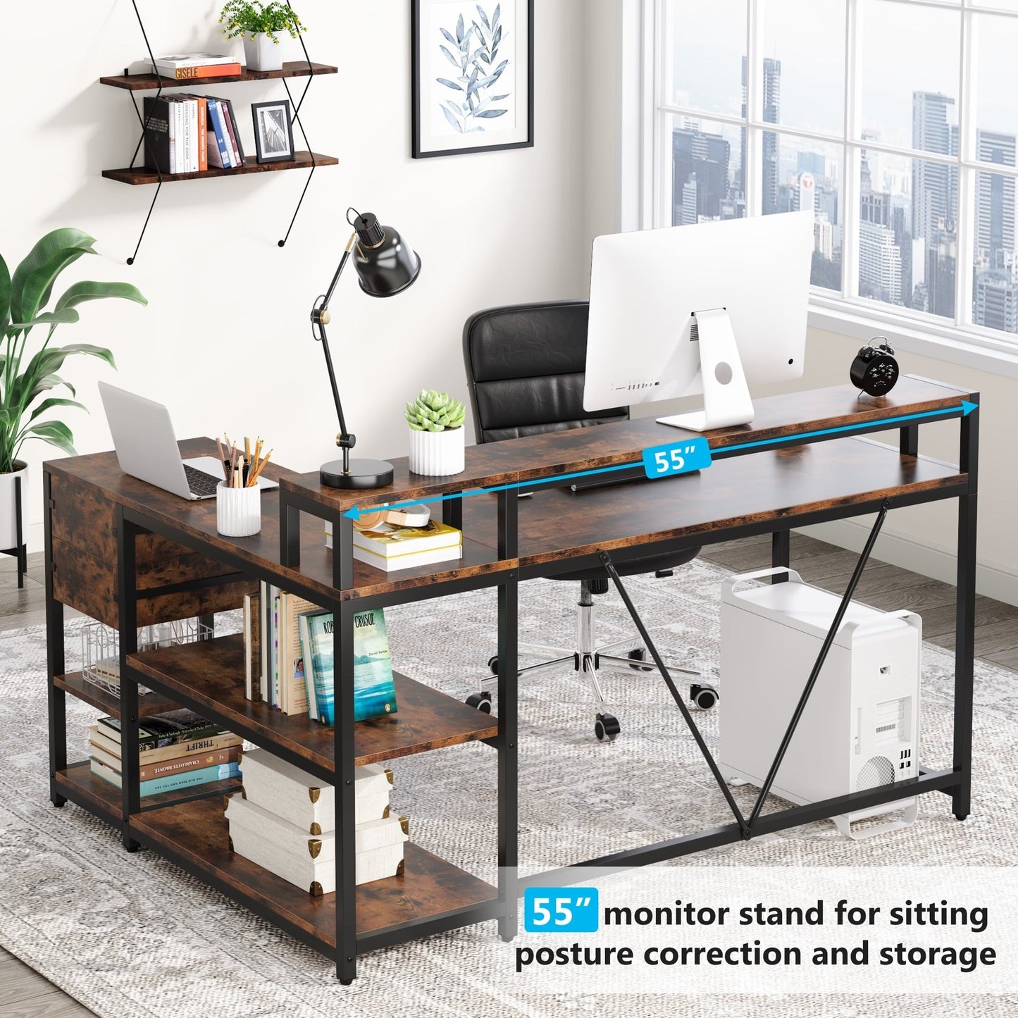 Bureau en forme de L avec tiroir, bureau d'angle pour la maison avec étagères de rangement et support pour écran, bureau d'ordinateur rustique pour petit espace.