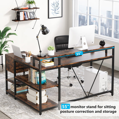 Bureau en forme de L avec tiroir, bureau d'angle pour la maison avec étagères de rangement et support pour écran, bureau d'ordinateur rustique pour petit espace.