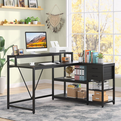 Bureau en forme de L avec tiroir, bureau d'angle pour la maison avec étagères de rangement et support pour écran, bureau d'ordinateur rustique pour petit espace.