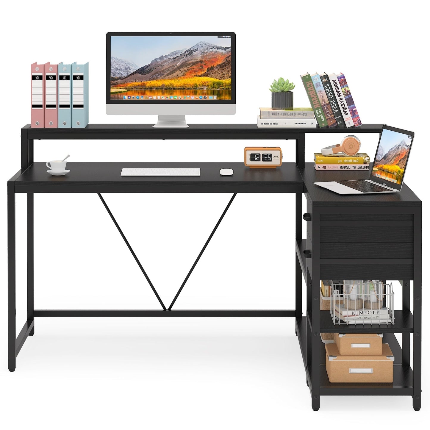 Bureau en forme de L avec tiroir, bureau d'angle pour la maison avec étagères de rangement et support pour écran, bureau d'ordinateur rustique pour petit espace.