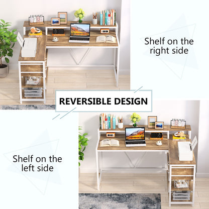 Bureau en forme de L avec tiroir, bureau d'angle pour la maison avec étagères de rangement et support pour écran, bureau d'ordinateur rustique pour petit espace.