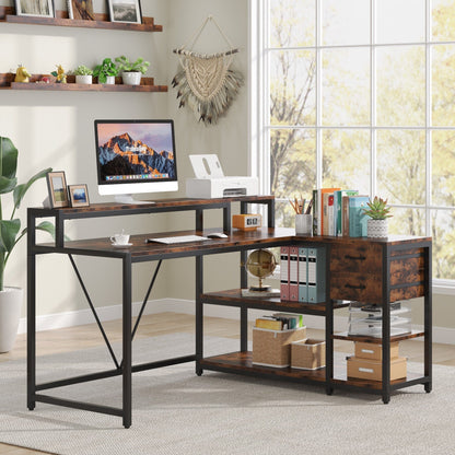 Bureau en forme de L avec tiroir, bureau d'angle pour la maison avec étagères de rangement et support pour écran, bureau d'ordinateur rustique pour petit espace.