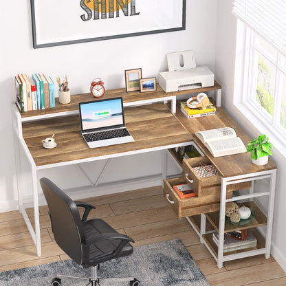 Bureau en forme de L avec tiroir, bureau d'angle pour la maison avec étagères de rangement et support pour écran, bureau d'ordinateur rustique pour petit espace.