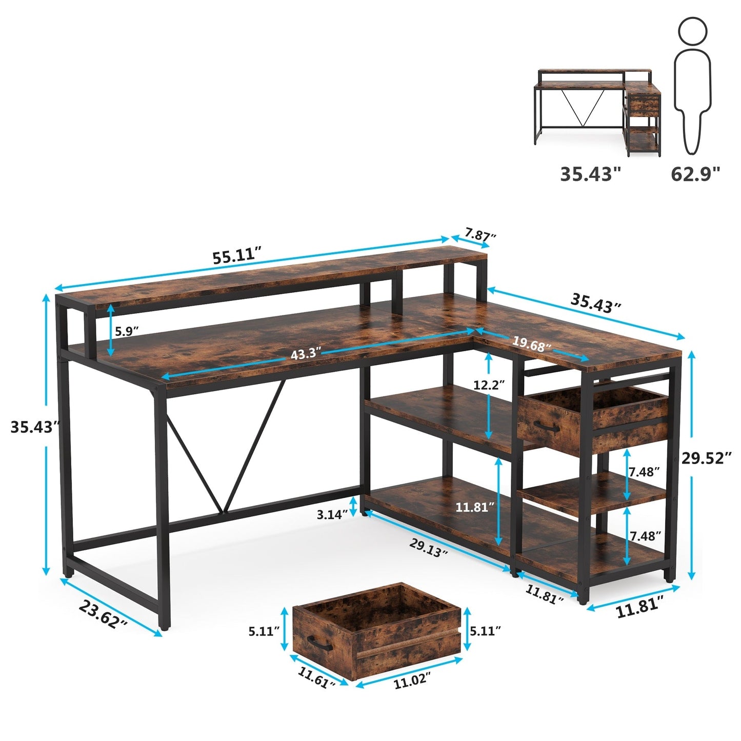 Bureau en forme de L avec tiroir, bureau d'angle pour la maison avec étagères de rangement et support pour écran, bureau d'ordinateur rustique pour petit espace.