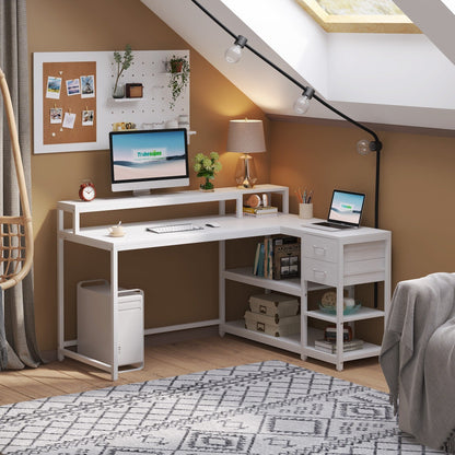 Bureau en forme de L avec tiroir, bureau d'angle pour la maison avec étagères de rangement et support pour écran, bureau d'ordinateur rustique pour petit espace.