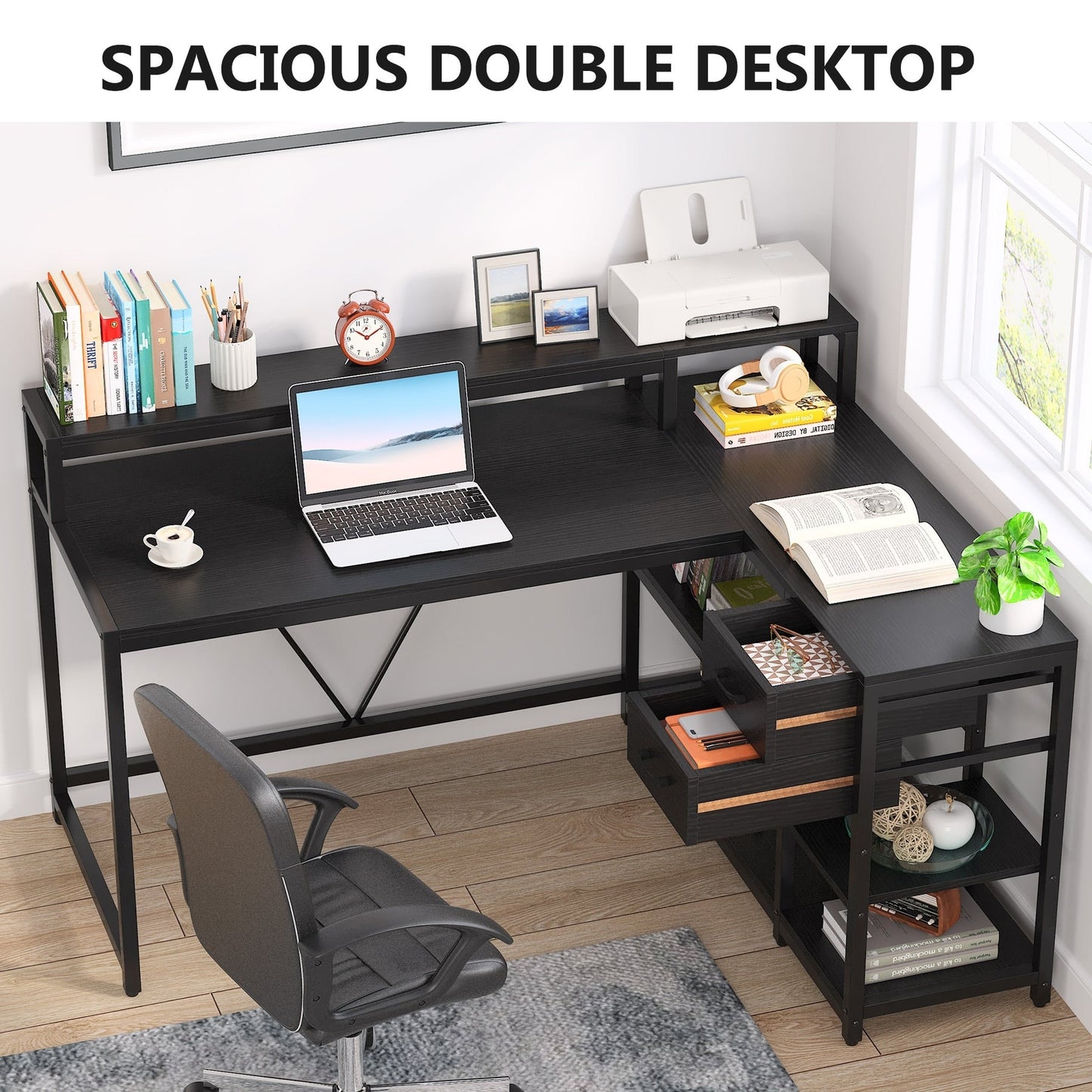 Bureau en forme de L avec tiroir, bureau d'angle pour la maison avec étagères de rangement et support pour écran, bureau d'ordinateur rustique pour petit espace.