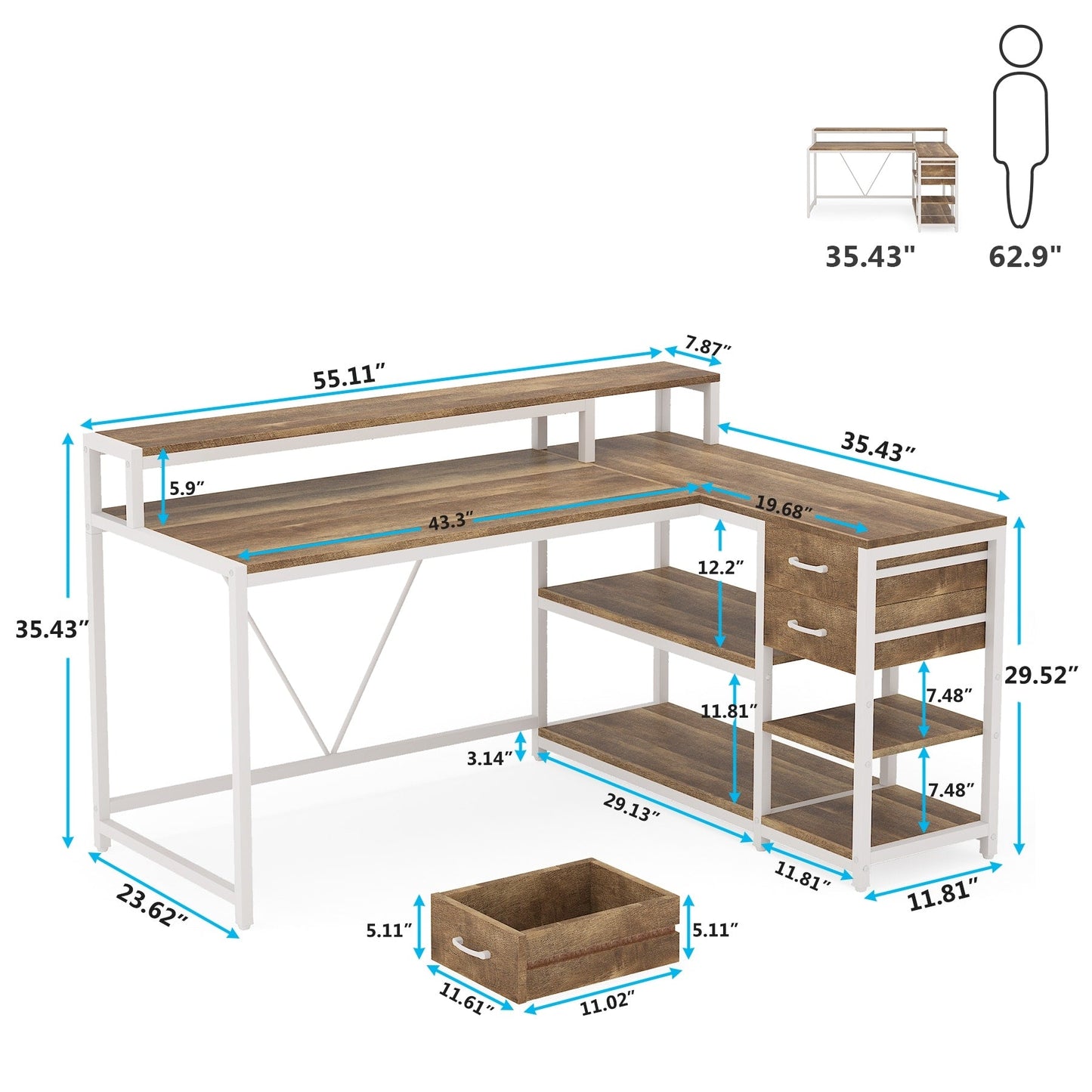 Bureau en forme de L avec tiroir, bureau d'angle pour la maison avec étagères de rangement et support pour écran, bureau d'ordinateur rustique pour petit espace.