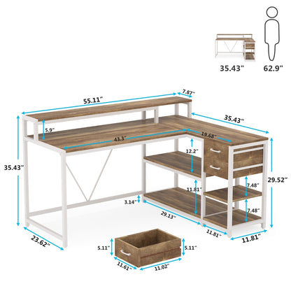 Bureau en forme de L avec tiroir, bureau d'angle pour la maison avec étagères de rangement et support pour écran, bureau d'ordinateur rustique pour petit espace.
