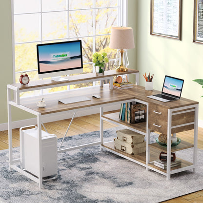 Bureau en forme de L avec tiroir, bureau d'angle pour la maison avec étagères de rangement et support pour écran, bureau d'ordinateur rustique pour petit espace.