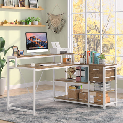 Bureau en forme de L avec tiroir, bureau d'angle pour la maison avec étagères de rangement et support pour écran, bureau d'ordinateur rustique pour petit espace.