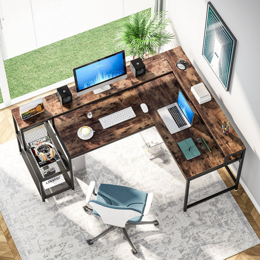 Bureau en forme de L avec étagère pour écran, bureau d'ordinateur d'angle réversible pour bureau à domicile 69