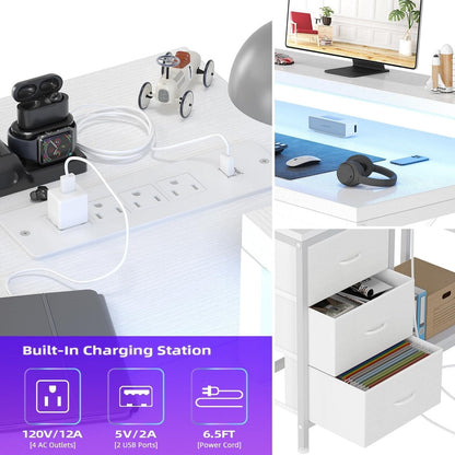 Bureau en forme de L avec prises électriques et lumières LED