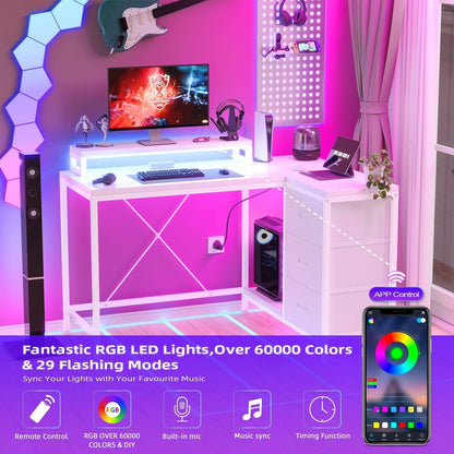 Bureau en forme de L avec prises électriques et lumières LED