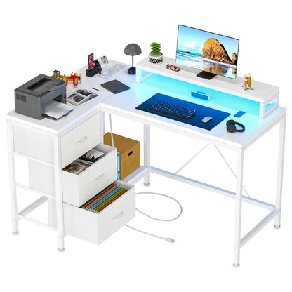 Bureau en forme de L avec prises électriques et lumières LED