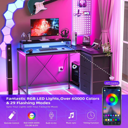 Bureau en forme de L avec prises électriques et lumières LED