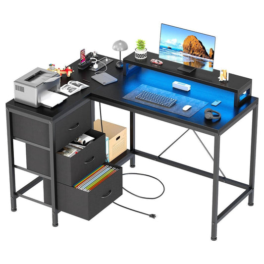 Bureau en forme de L avec prises électriques et lumières LED