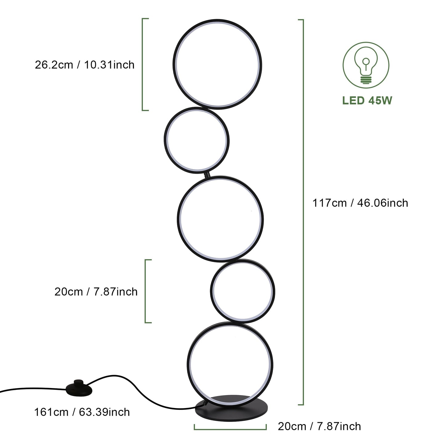 Lampe de sol LED moderne à intensité variable, lampe de coin à 3 intensités lumineuses avec 5 anneaux pour salon.