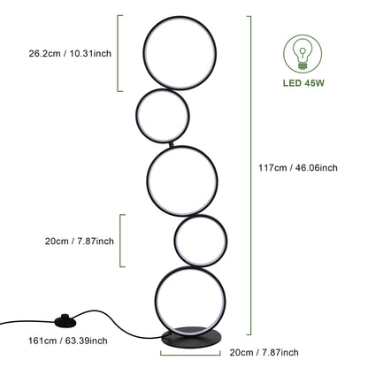 Lampe de sol LED moderne à intensité variable, lampe de coin à 3 intensités lumineuses avec 5 anneaux pour salon.