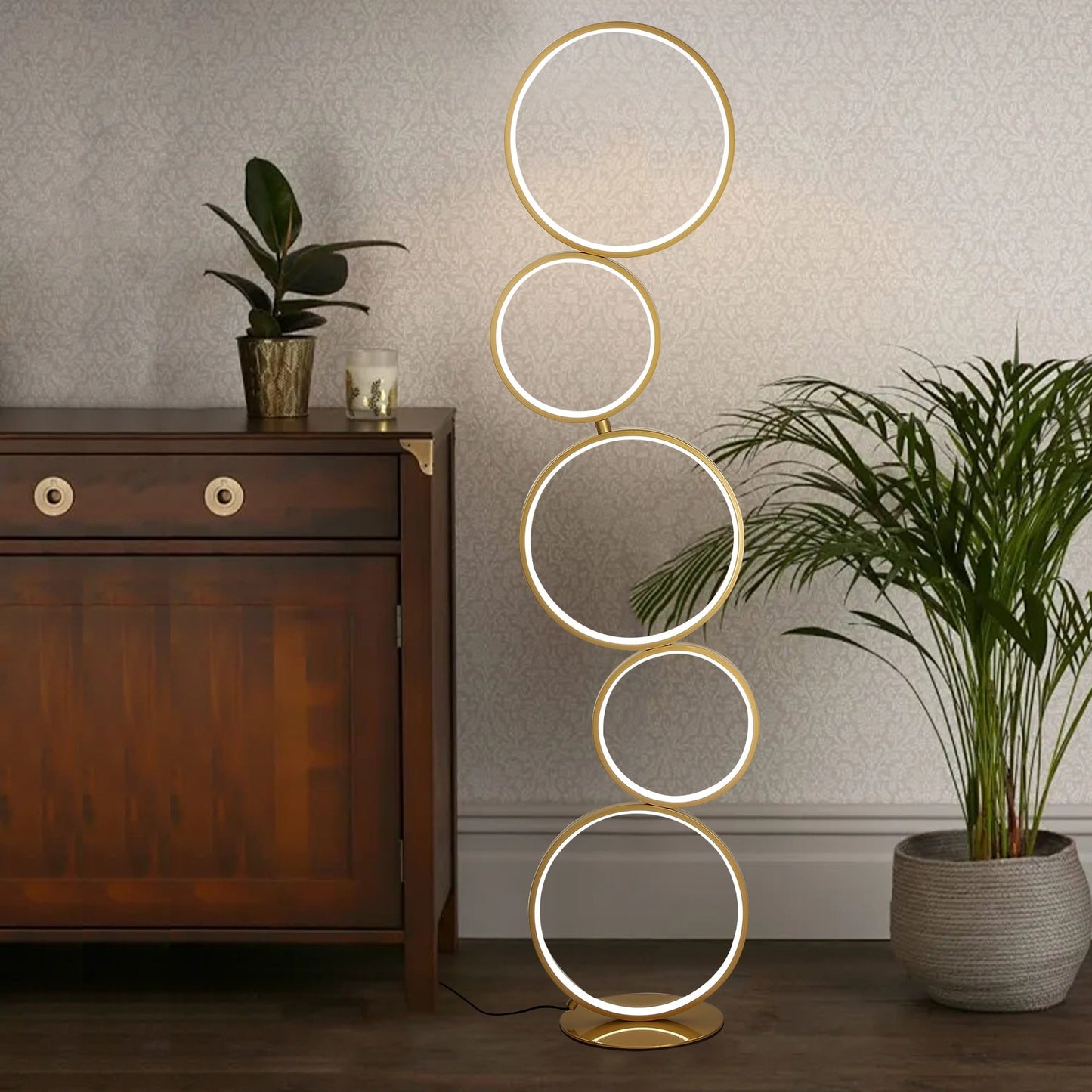 Lampe de sol LED moderne à intensité variable, lampe de coin à 3 intensités lumineuses avec 5 anneaux pour salon.