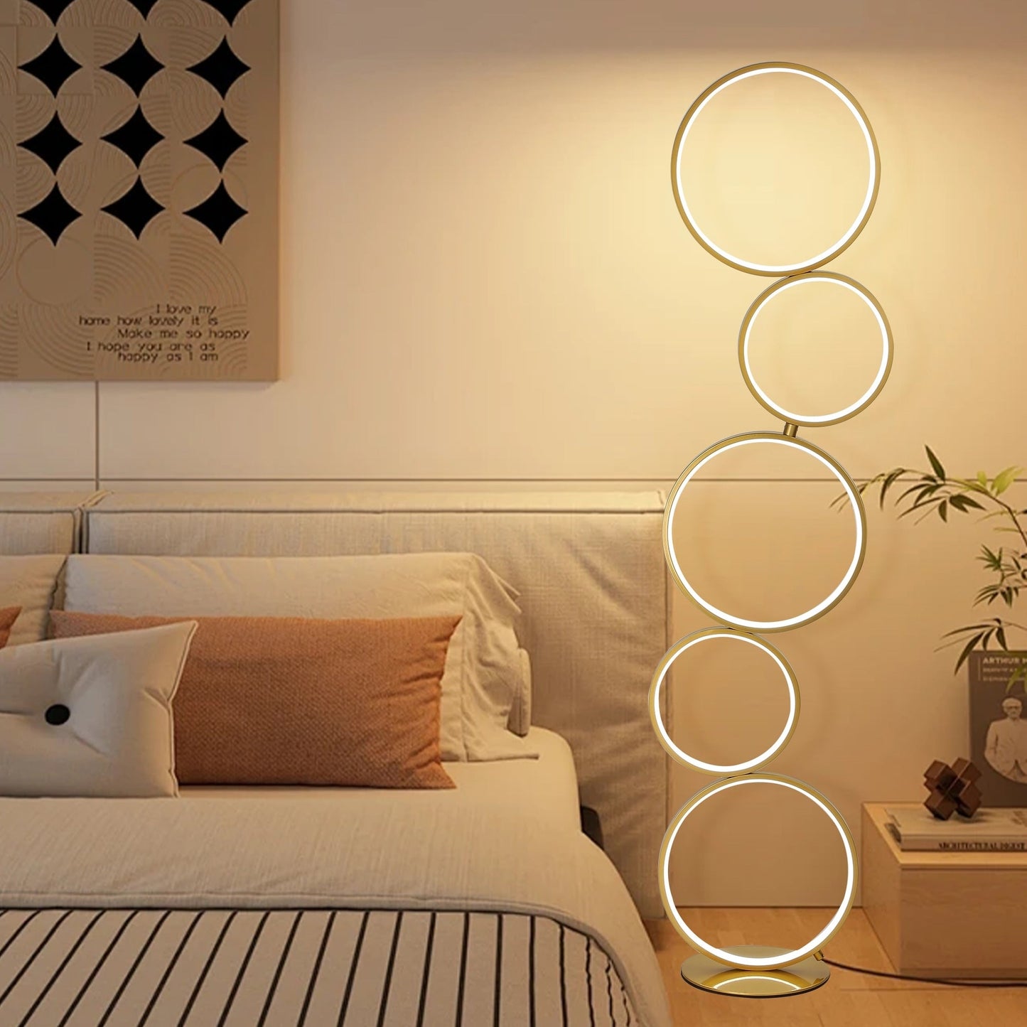 Lampe de sol LED moderne à intensité variable, lampe de coin à 3 intensités lumineuses avec 5 anneaux pour salon.