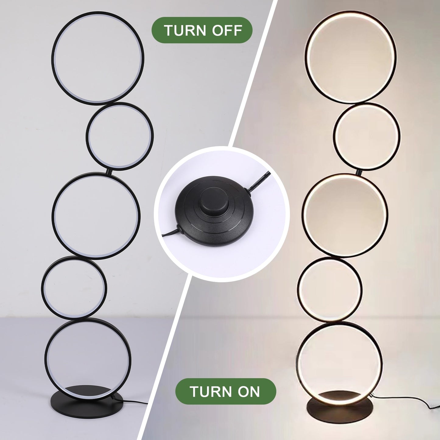 Lampe de sol LED moderne à intensité variable, lampe de coin à 3 intensités lumineuses avec 5 anneaux pour salon.