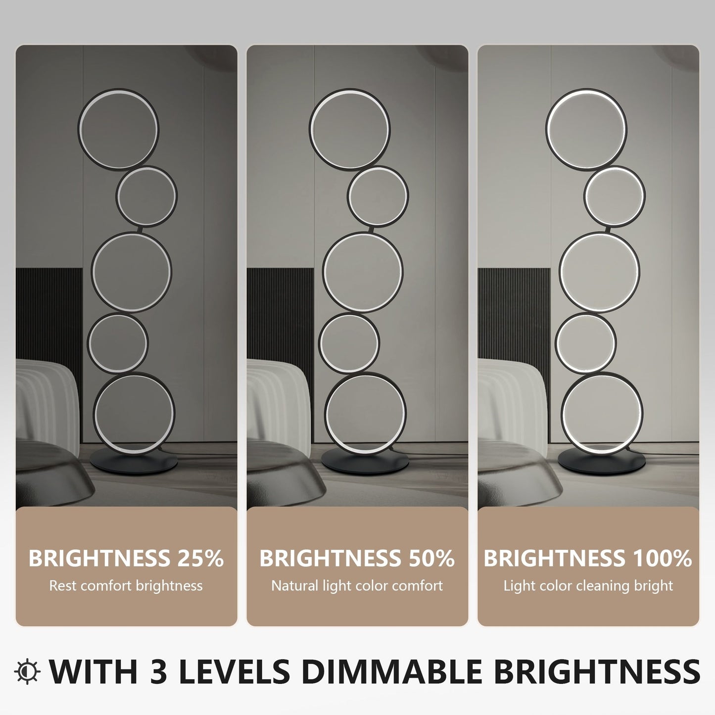 Lampe de sol LED moderne à intensité variable, lampe de coin à 3 intensités lumineuses avec 5 anneaux pour salon.