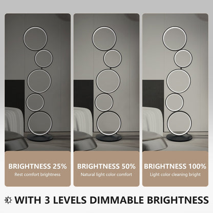 Lampe de sol LED moderne à intensité variable, lampe de coin à 3 intensités lumineuses avec 5 anneaux pour salon.