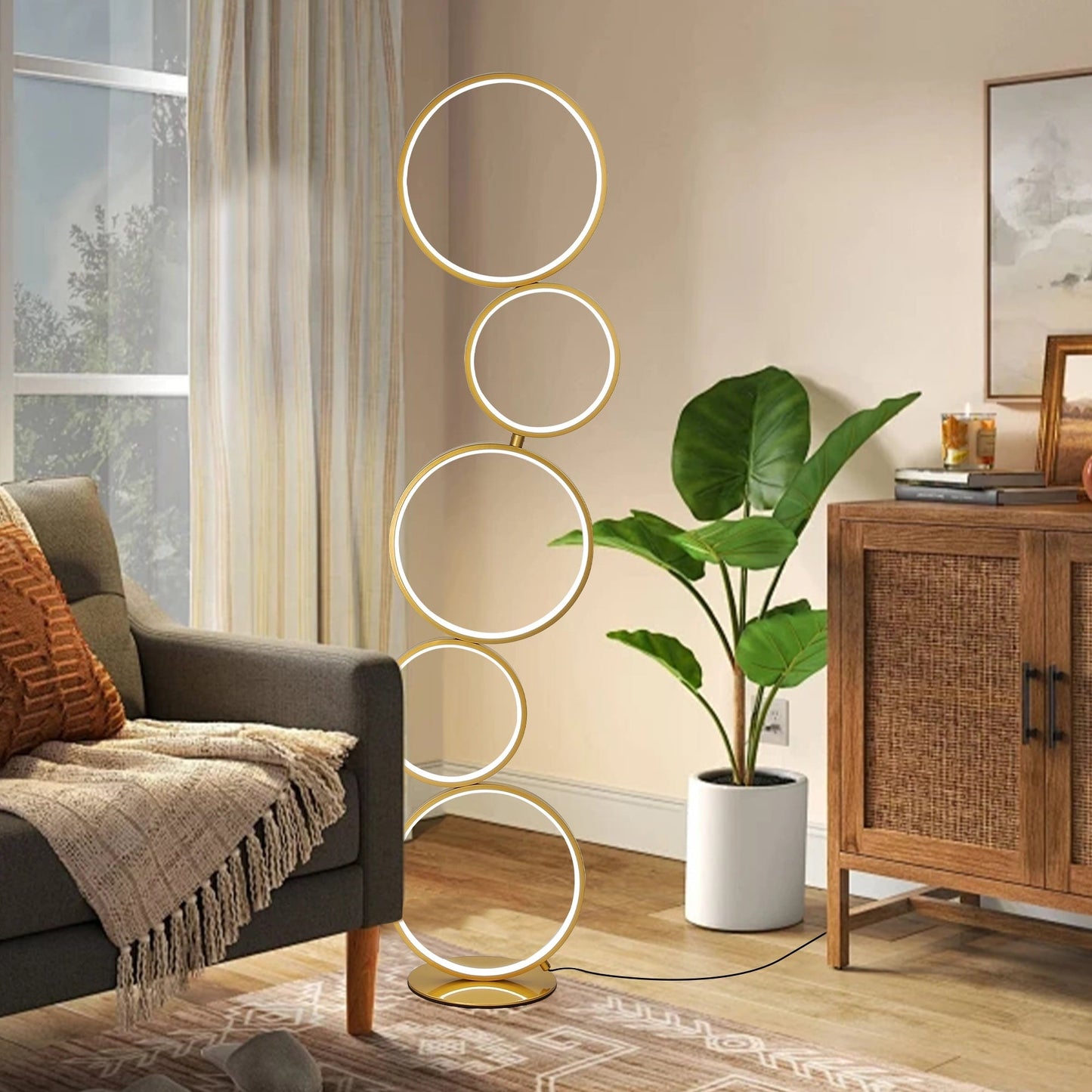 Lampe de sol LED moderne à intensité variable, lampe de coin à 3 intensités lumineuses avec 5 anneaux pour salon.