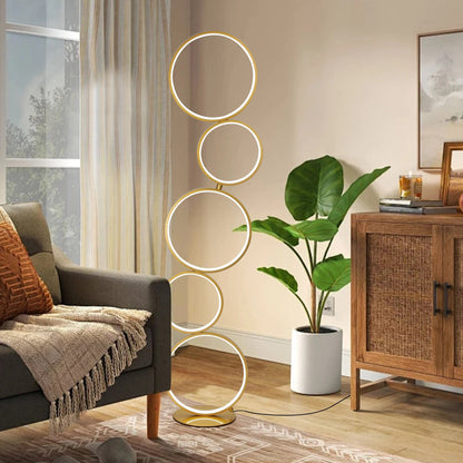 Lampe de sol LED moderne à intensité variable, lampe de coin à 3 intensités lumineuses avec 5 anneaux pour salon.