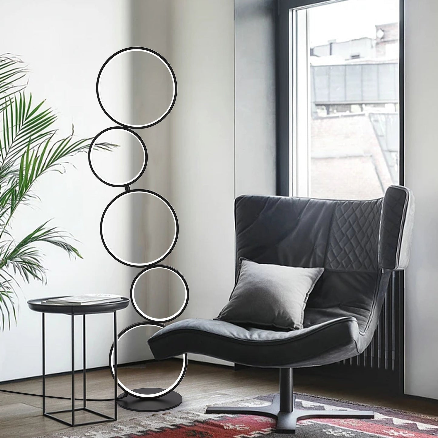 Lampe de sol LED moderne à intensité variable, lampe de coin à 3 intensités lumineuses avec 5 anneaux pour salon.