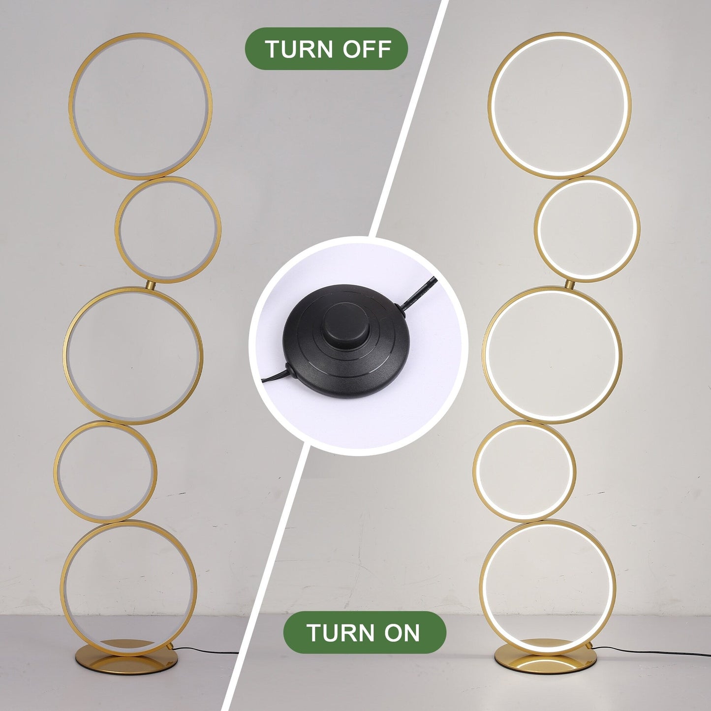 Lampe de sol LED moderne à intensité variable, lampe de coin à 3 intensités lumineuses avec 5 anneaux pour salon.