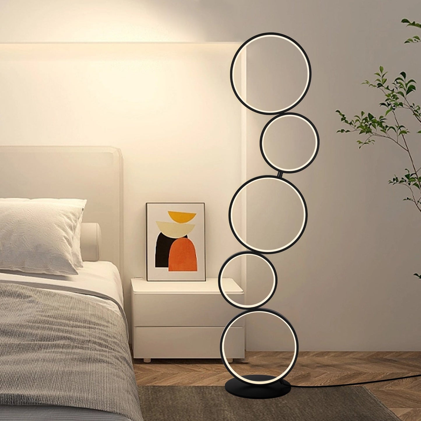 Lampe de sol LED moderne à intensité variable, lampe de coin à 3 intensités lumineuses avec 5 anneaux pour salon.