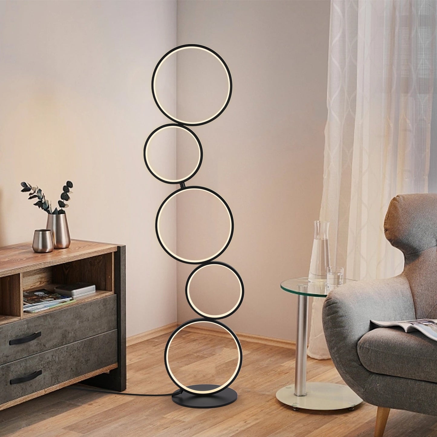 Lampe de sol LED moderne à intensité variable, lampe de coin à 3 intensités lumineuses avec 5 anneaux pour salon.