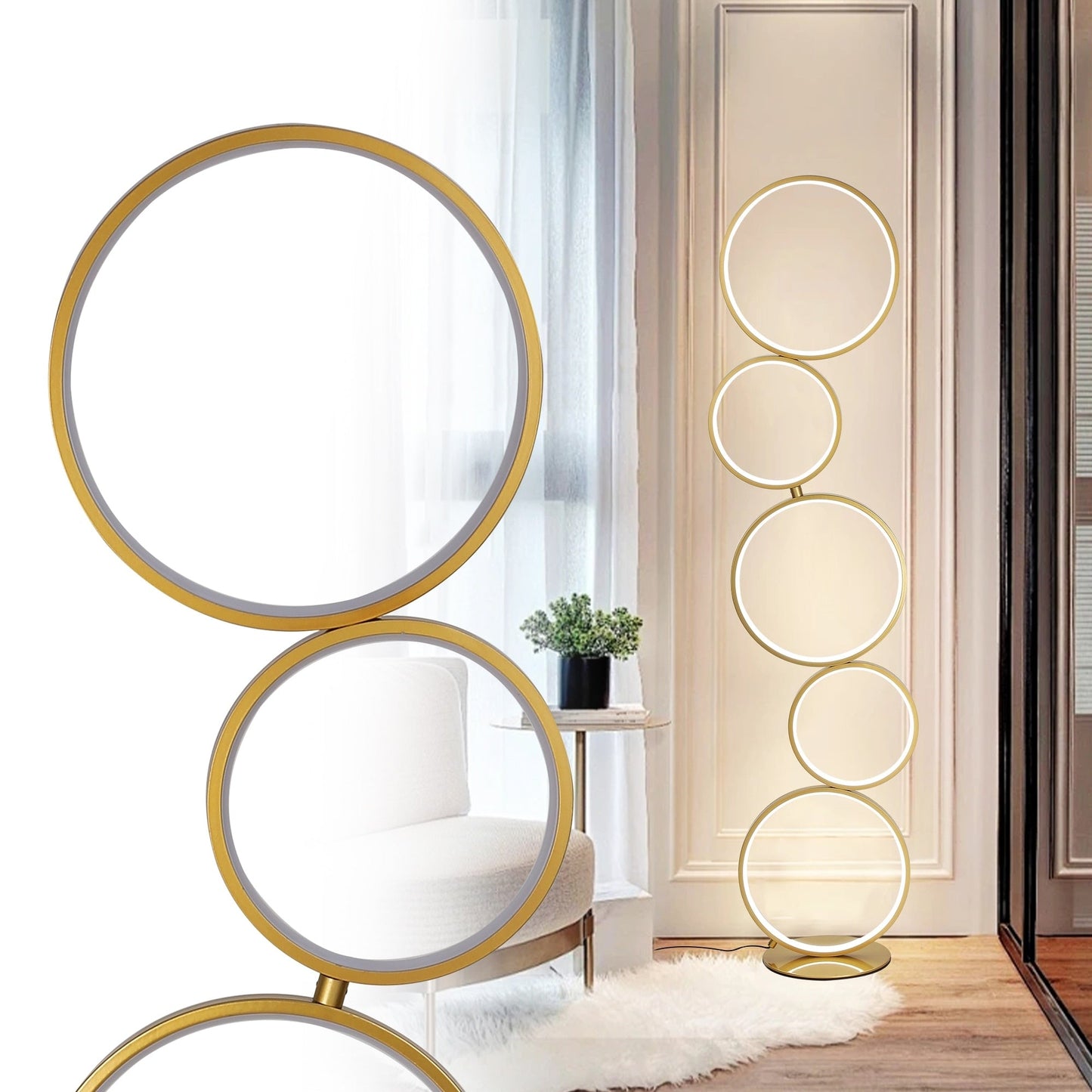 Lampe de sol LED moderne à intensité variable, lampe de coin à 3 intensités lumineuses avec 5 anneaux pour salon.