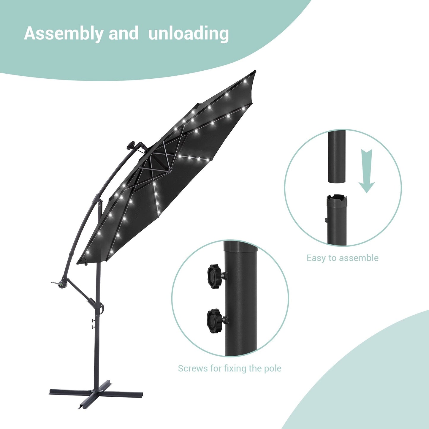Parasol de terrasse déporté LED LIVOOSUN 10 pieds avec pied en croix