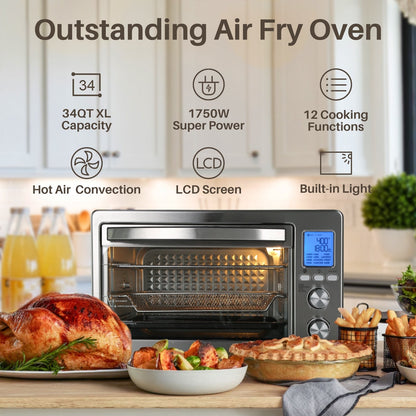 Four à convection, grille-pain, rotisserie et friteuse à air LNC 12-en-1, grand modèle 34QT pour comptoir - 19,5 L x 15 l x 12,5 H (cm)