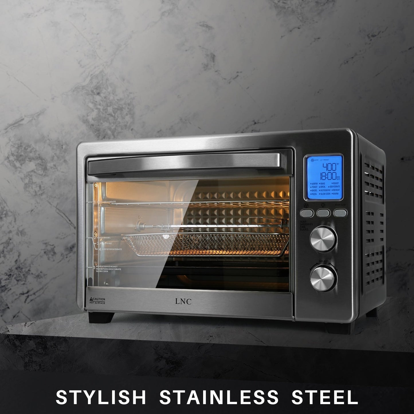Four à convection, grille-pain, rotisserie et friteuse à air LNC 12-en-1, grand modèle 34QT pour comptoir - 19,5 L x 15 l x 12,5 H (cm)