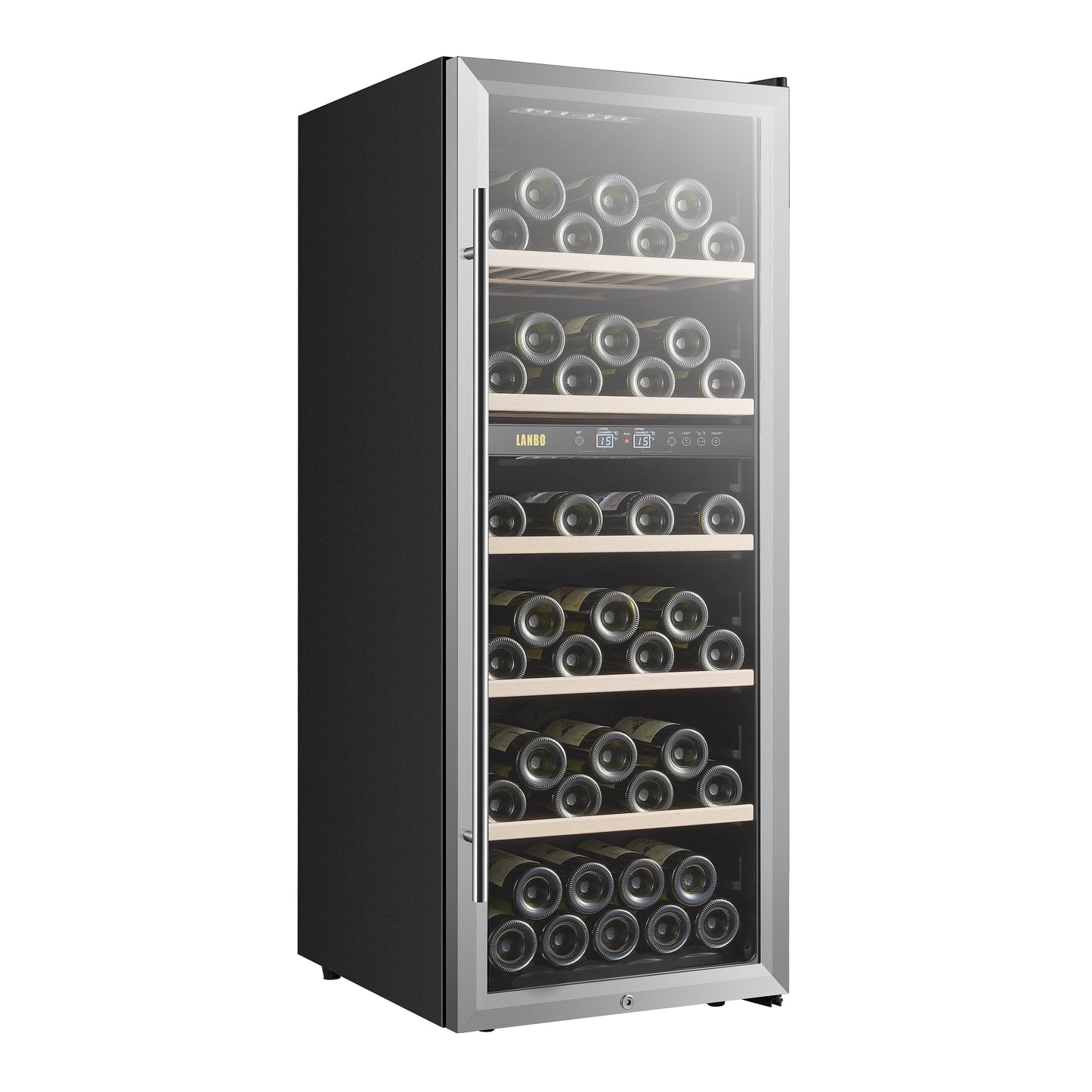 Lanbo Cave à vin 20 pouces, 64 bouteilles, double zone, autoportante, porte vitrée avec cadre en acier inoxydable et deux serrures de sécurité.