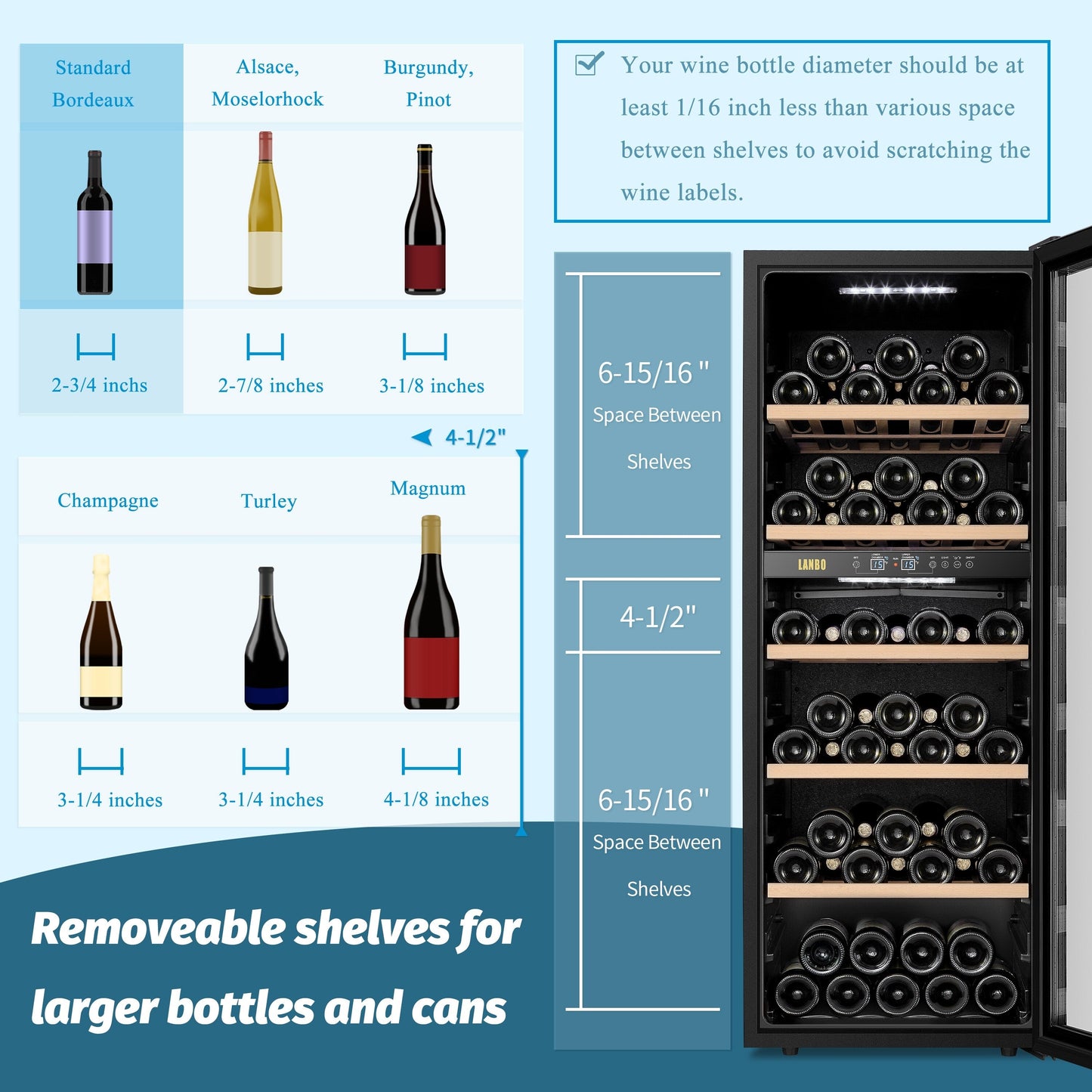 Lanbo Cave à vin 20 pouces, 64 bouteilles, double zone, autoportante, porte vitrée avec cadre en acier inoxydable et deux serrures de sécurité.