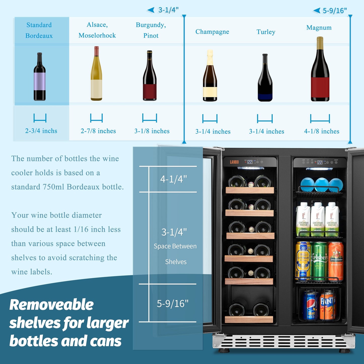 Lanbo Réfrigérateur à vin et à boissons de 24 pouces à double zone, 18 bouteilles et 55 canettes, en acier inoxydable et verre avec porte à la française