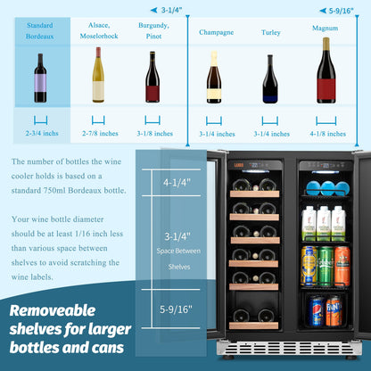 Lanbo Réfrigérateur à vin et à boissons de 24 pouces à double zone, 18 bouteilles et 55 canettes, en acier inoxydable et verre avec porte à la française